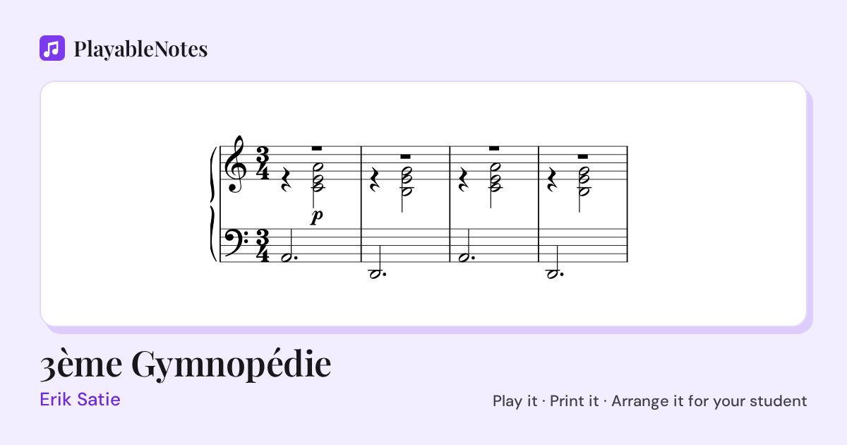 The first bars of 3ème Gymnopédie by Erik Satie, engraved.