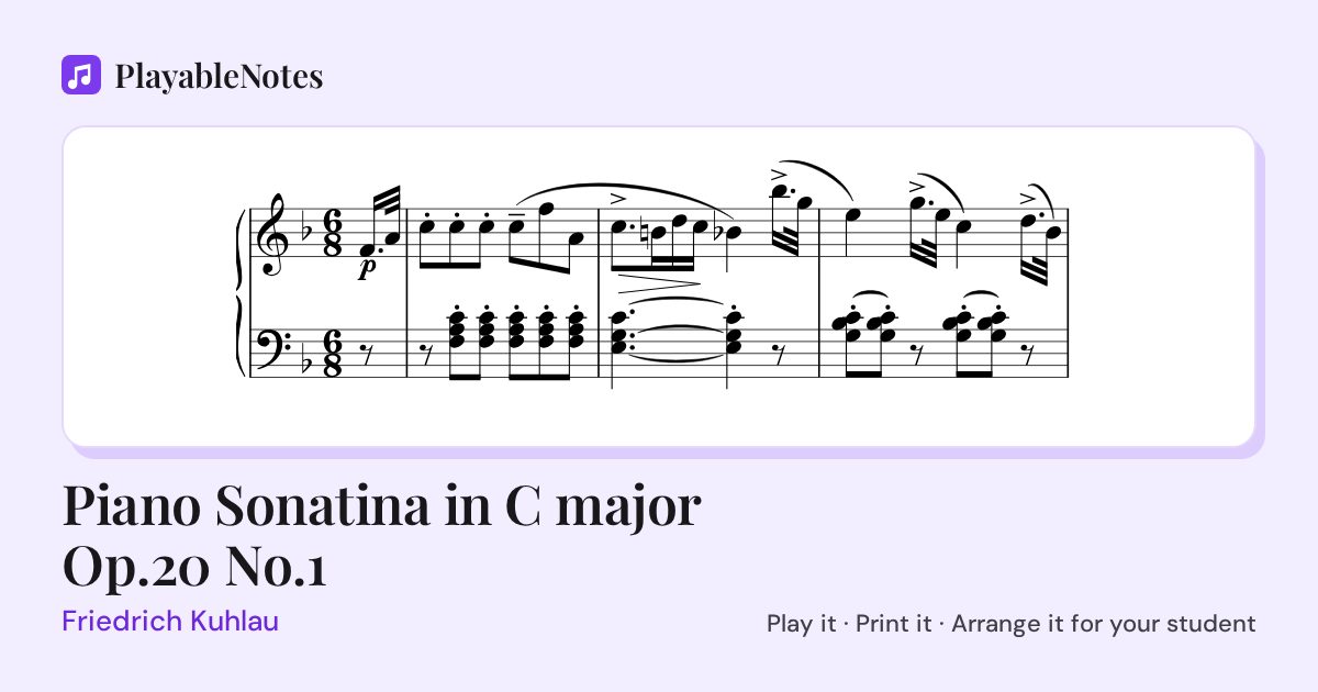 The first bars of Piano Sonatina in C major Op.20 No.1 by Friedrich Kuhlau, engraved.