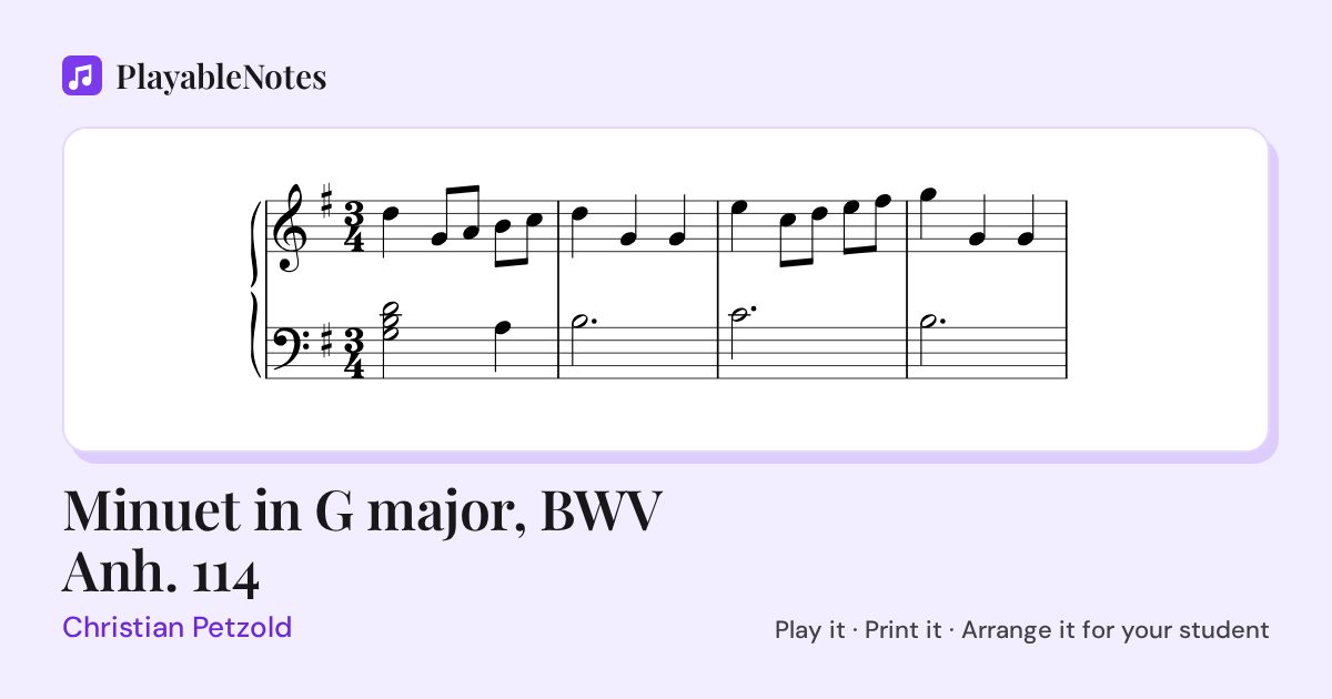 The first bars of Minuet in G major, BWV Anh. 114 by Christian Petzold, engraved.