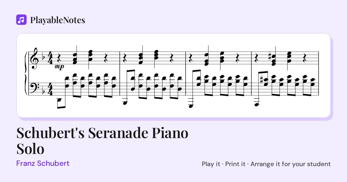 The first bars of Schubert's Seranade Piano Solo by Franz Schubert, engraved.