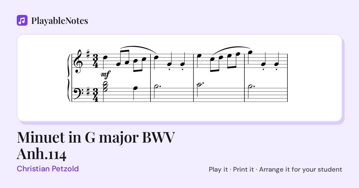 The first bars of Minuet in G major BWV Anh.114 by Christian Petzold, engraved.