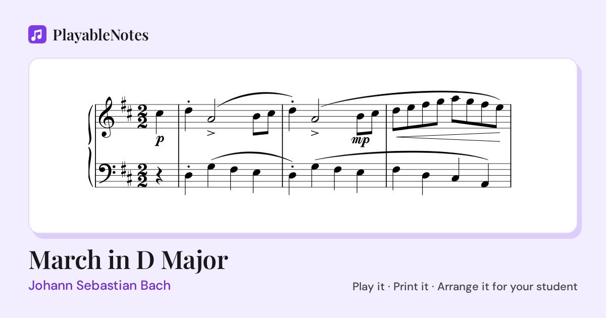The first bars of March in D Major by Johann Sebastian Bach, engraved.
