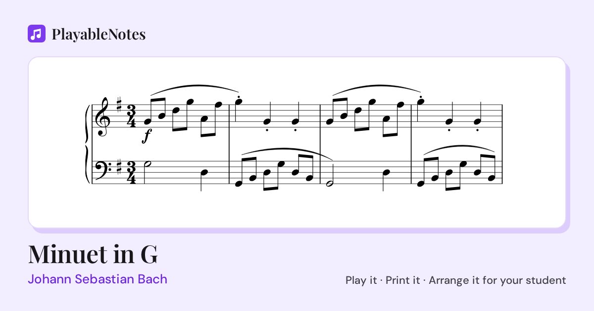 The first bars of Minuet in G by Johann Sebastian Bach, engraved.