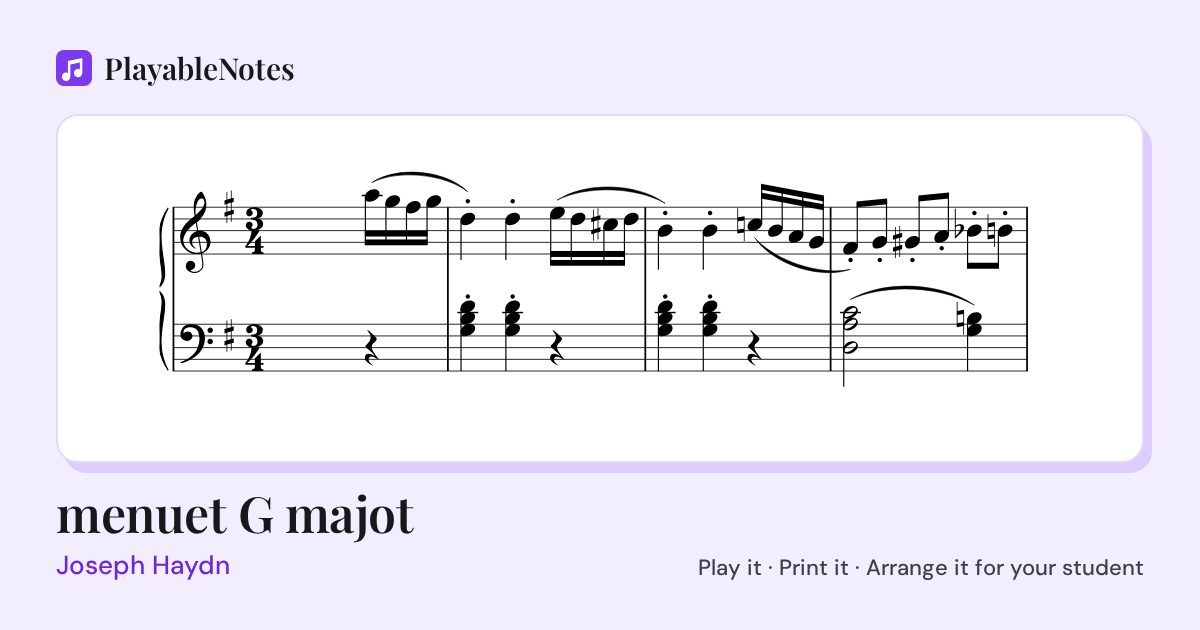 The first bars of menuet G majot by Joseph Haydn, engraved.