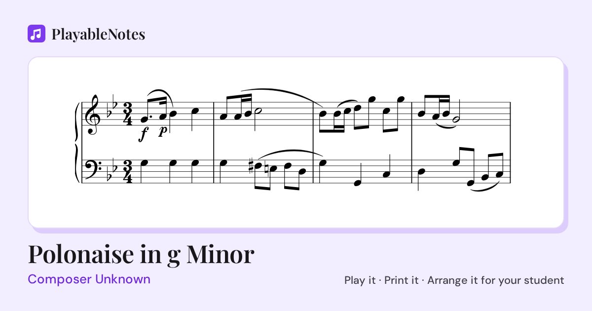 The first bars of Polonaise in g Minor by Composer Unknown, engraved.