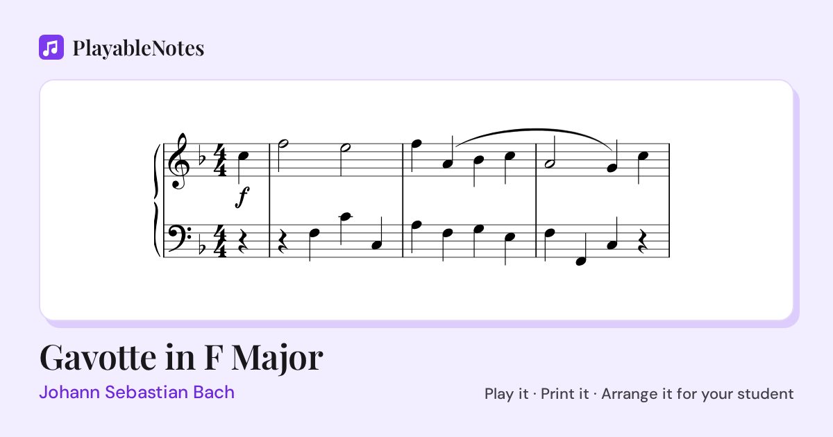 The first bars of Gavotte in F Major by Johann Sebastian Bach, engraved.