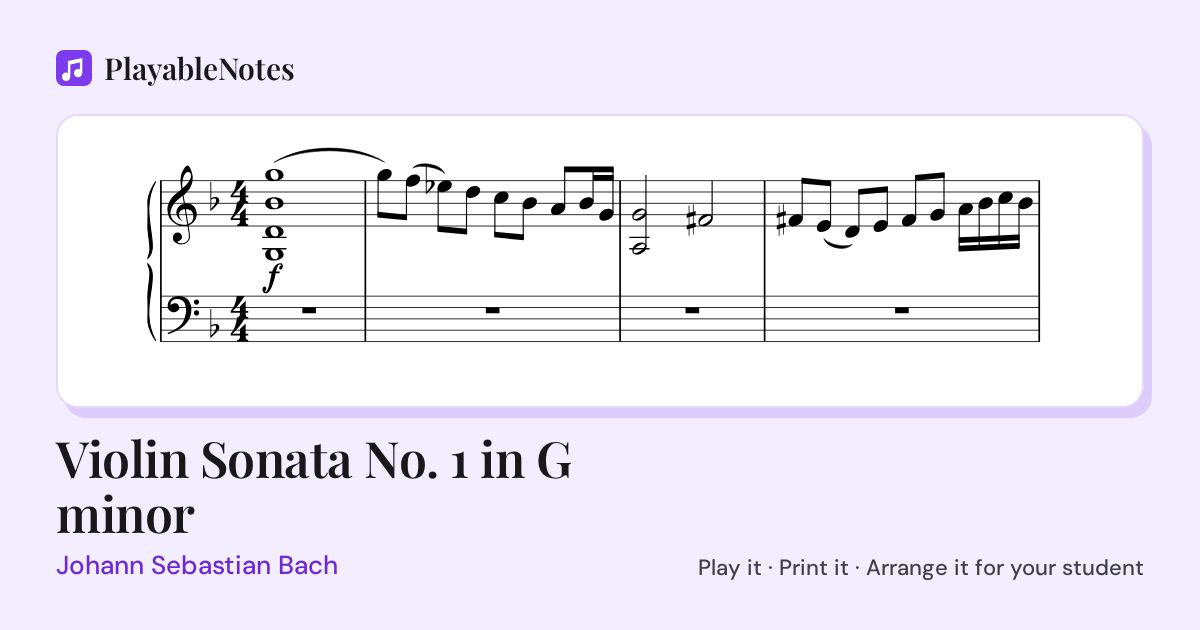 The first bars of Violin Sonata No. 1 in G minor by Johann Sebastian Bach, engraved.