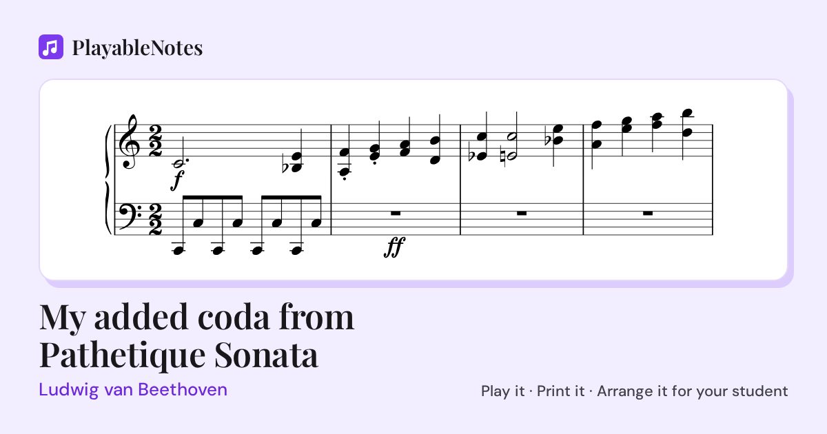 The first bars of My added coda from Pathetique Sonata by Ludwig van Beethoven, engraved.