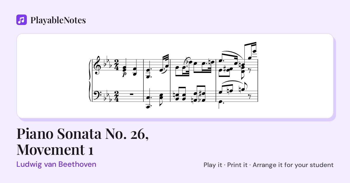 The first bars of Piano Sonata No. 26, Movement 1 by Ludwig van Beethoven, engraved.