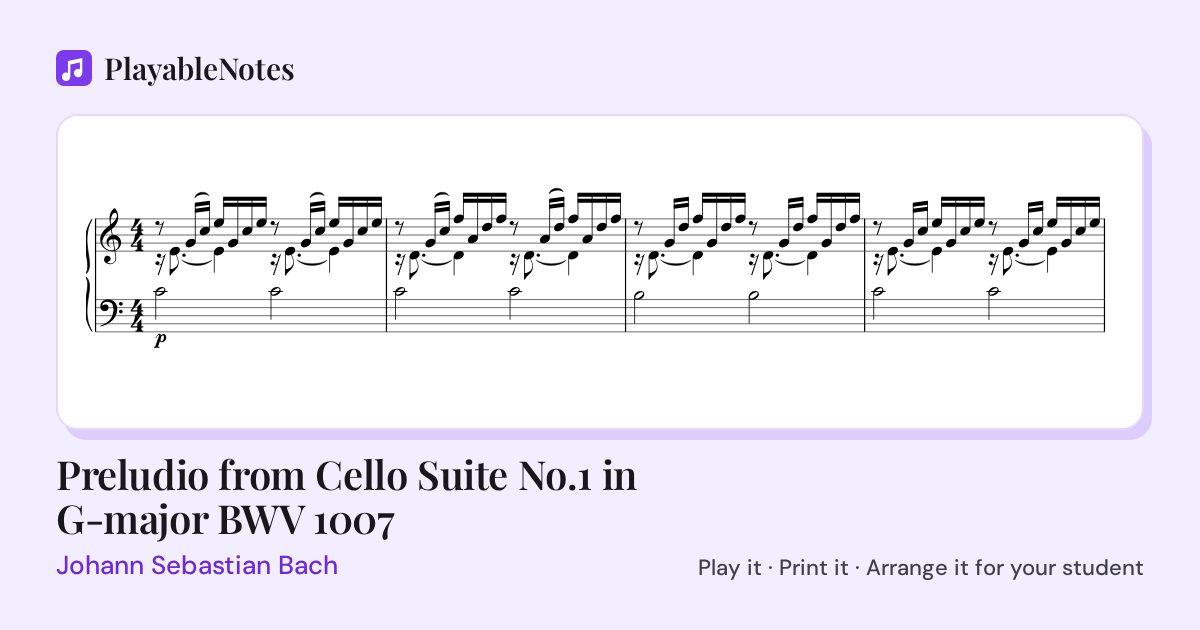 The first bars of Preludio from Cello Suite No.1 in G-major BWV 1007 by Johann Sebastian Bach, engraved.