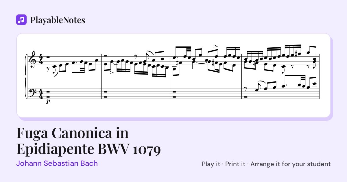 The first bars of Fuga Canonica in Epidiapente BWV 1079 by Johann Sebastian Bach, engraved.