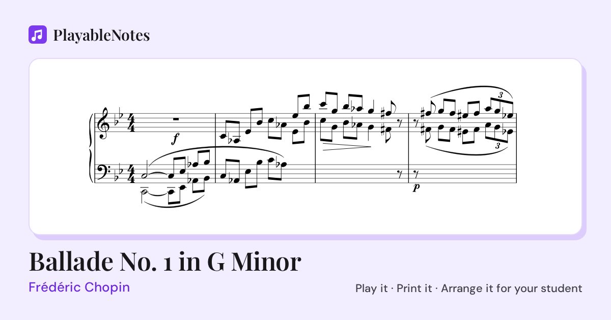 The first bars of Ballade No. 1 in G Minor by Frédéric Chopin, engraved.