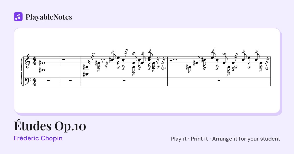 The first bars of Études Op.10 by Frédéric Chopin, engraved.