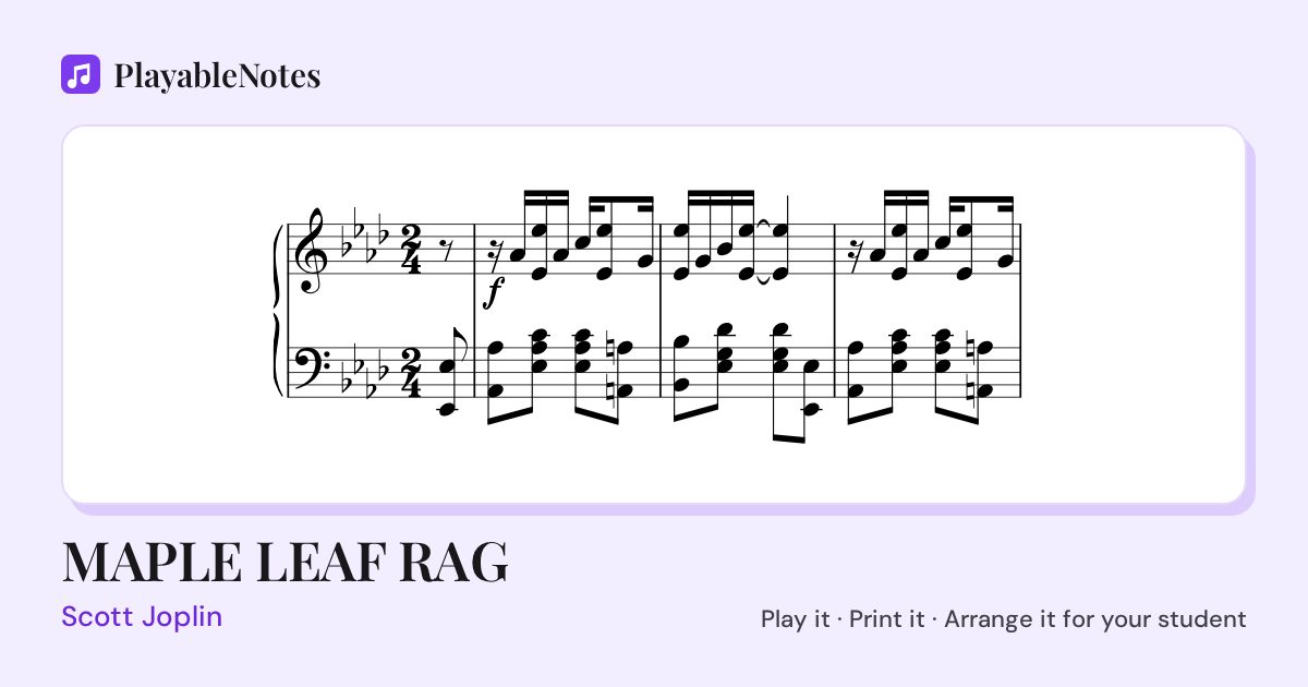 The first bars of MAPLE LEAF RAG by Scott Joplin, engraved.