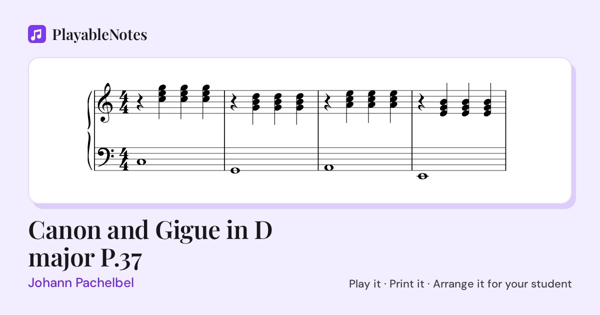 The first bars of Canon and Gigue in D major P.37 by Johann Pachelbel, engraved.