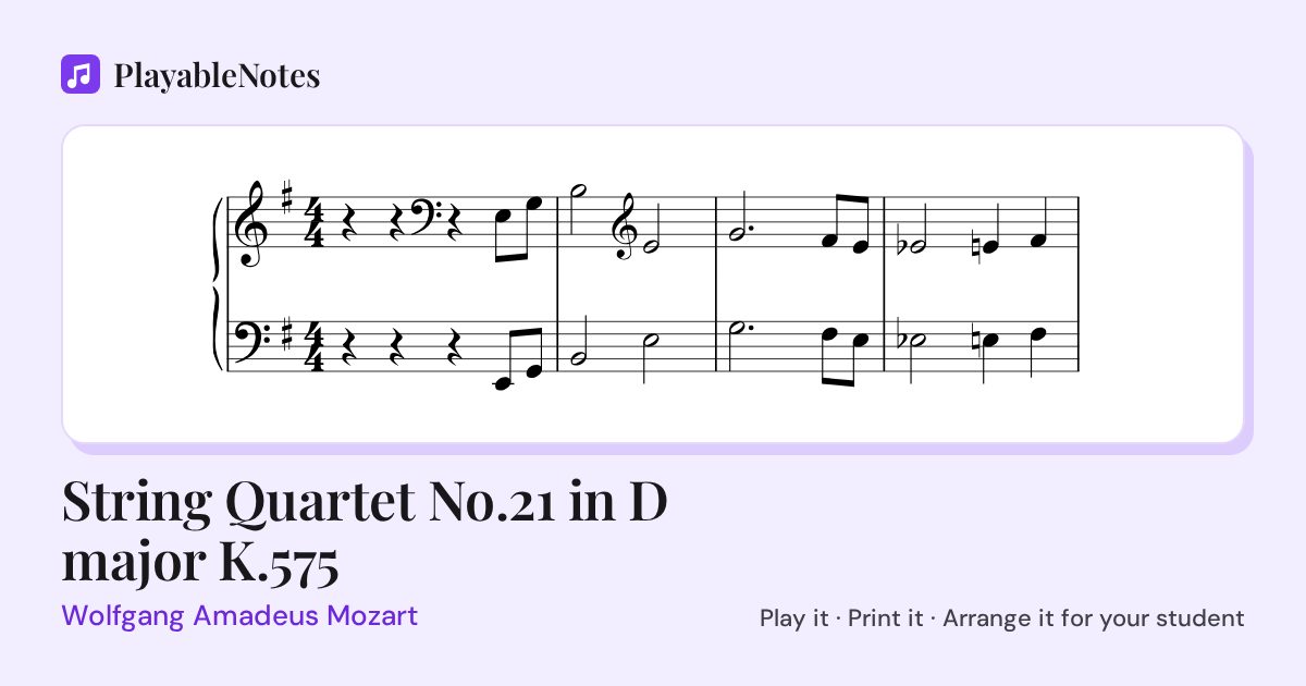 The first bars of String Quartet No.21 in D major K.575 by Wolfgang Amadeus Mozart, engraved.