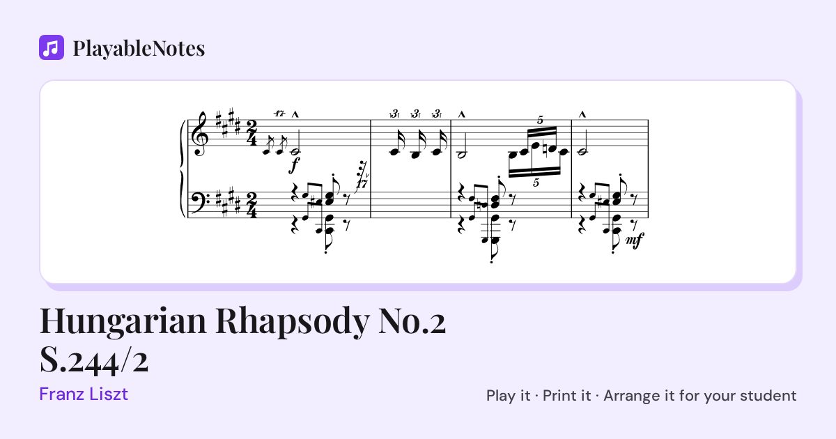 The first bars of Hungarian Rhapsody No.2 S.244/2 by Franz Liszt, engraved.
