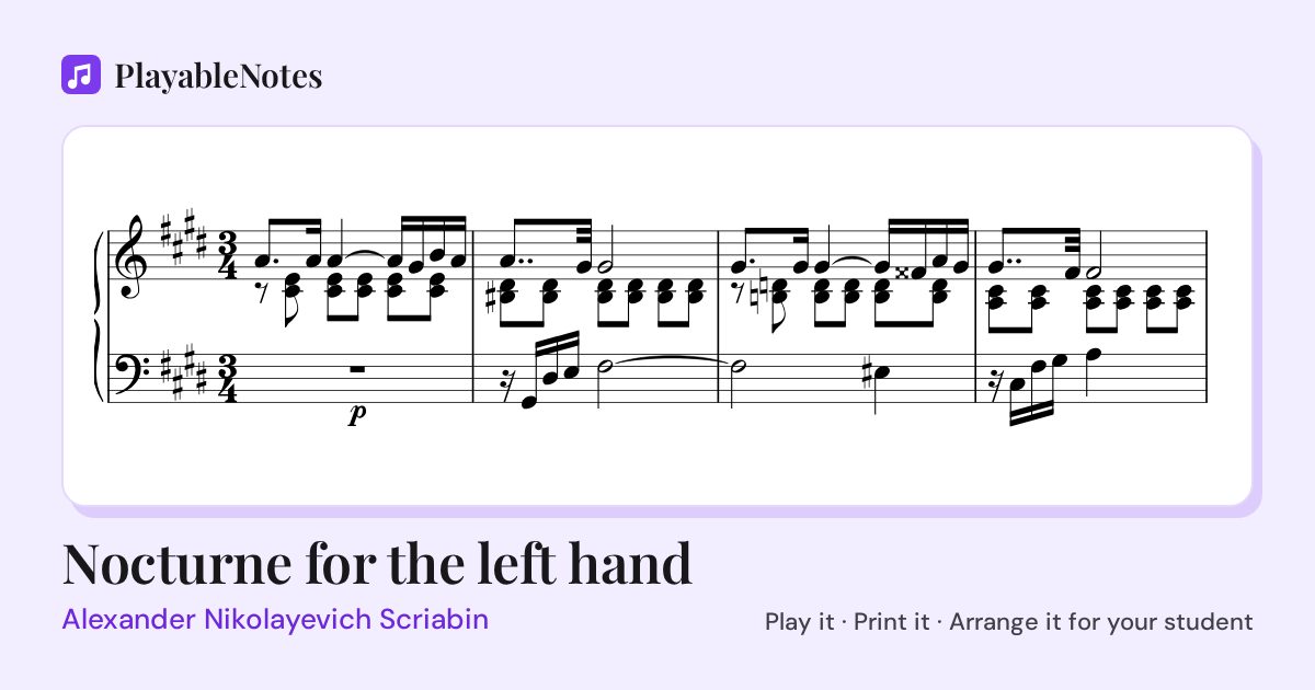 The first bars of Nocturne for the left hand by Alexander Nikolayevich Scriabin, engraved.