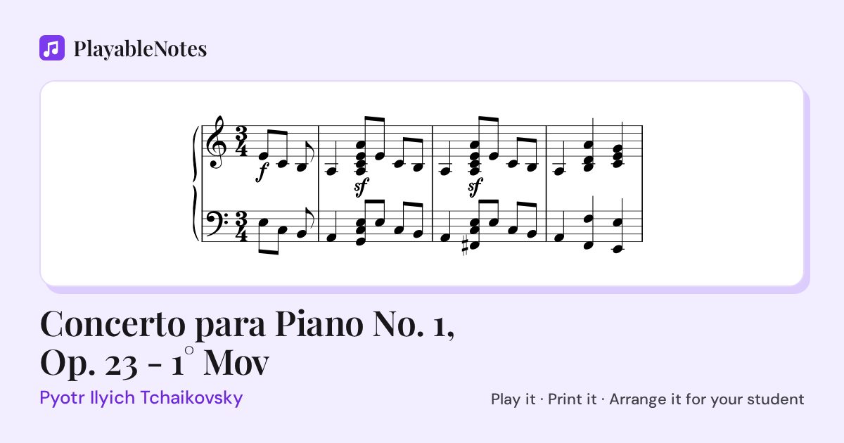 The first bars of Concerto para Piano No. 1, Op. 23 - 1° Mov by Pyotr Ilyich Tchaikovsky, engraved.