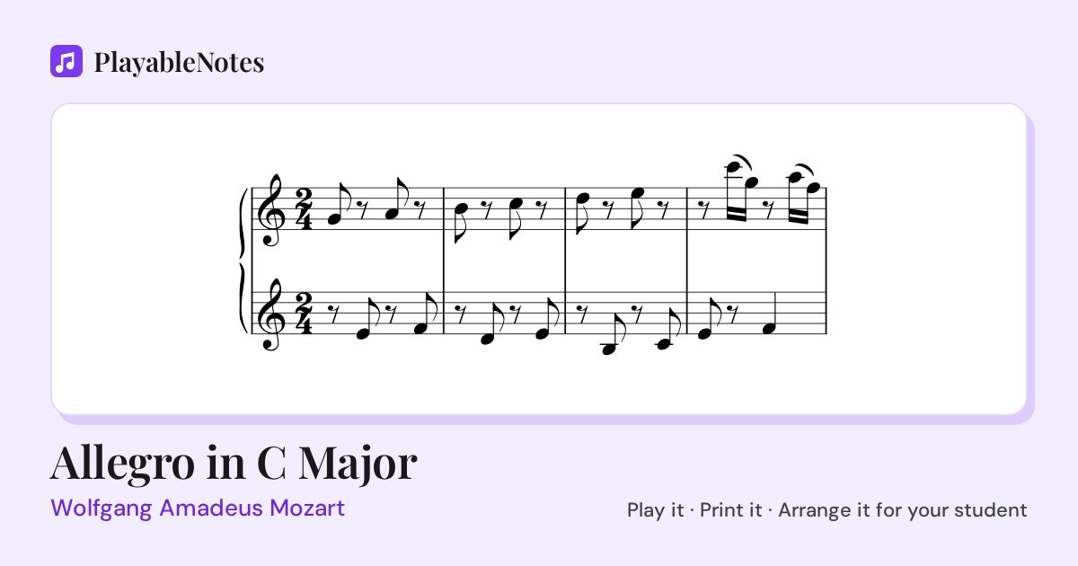 The first bars of Allegro in C Major by Wolfgang Amadeus Mozart, engraved.