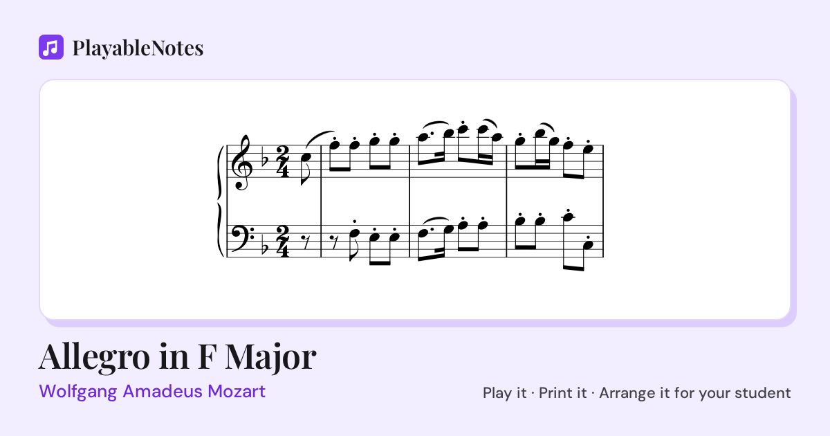 The first bars of Allegro in F Major by Wolfgang Amadeus Mozart, engraved.