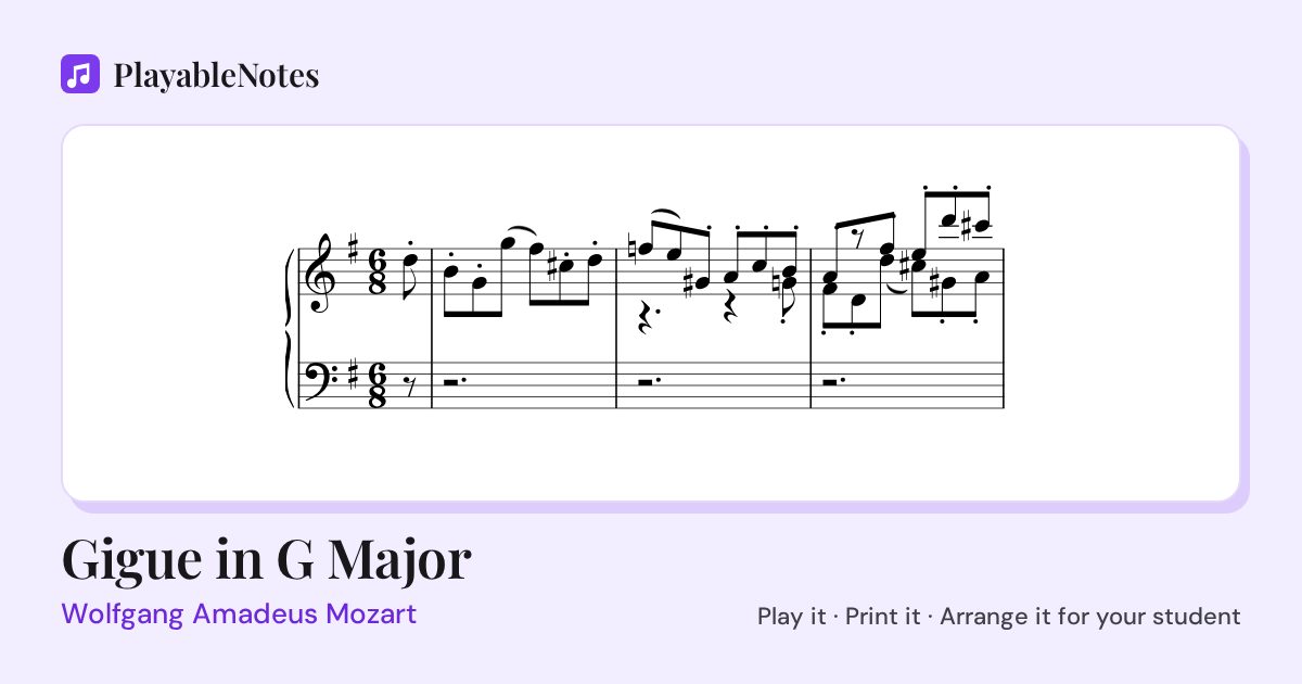 The first bars of Gigue in G Major by Wolfgang Amadeus Mozart, engraved.