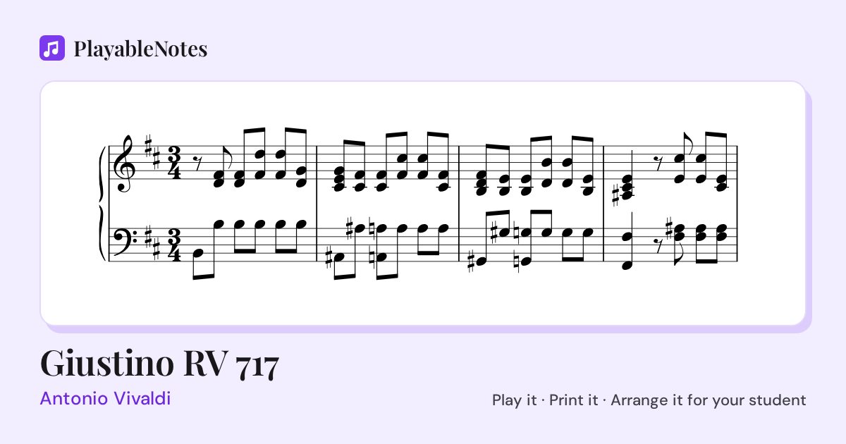 The first bars of Giustino RV 717 by Antonio Vivaldi, engraved.