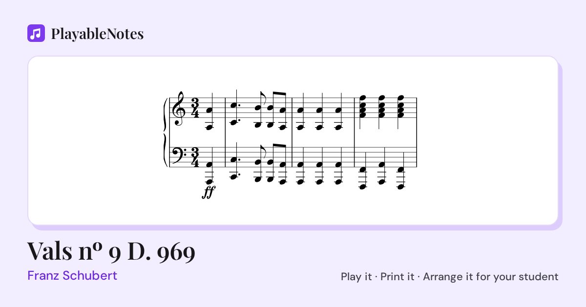 The first bars of Vals nº 9 D. 969 by Franz Schubert, engraved.