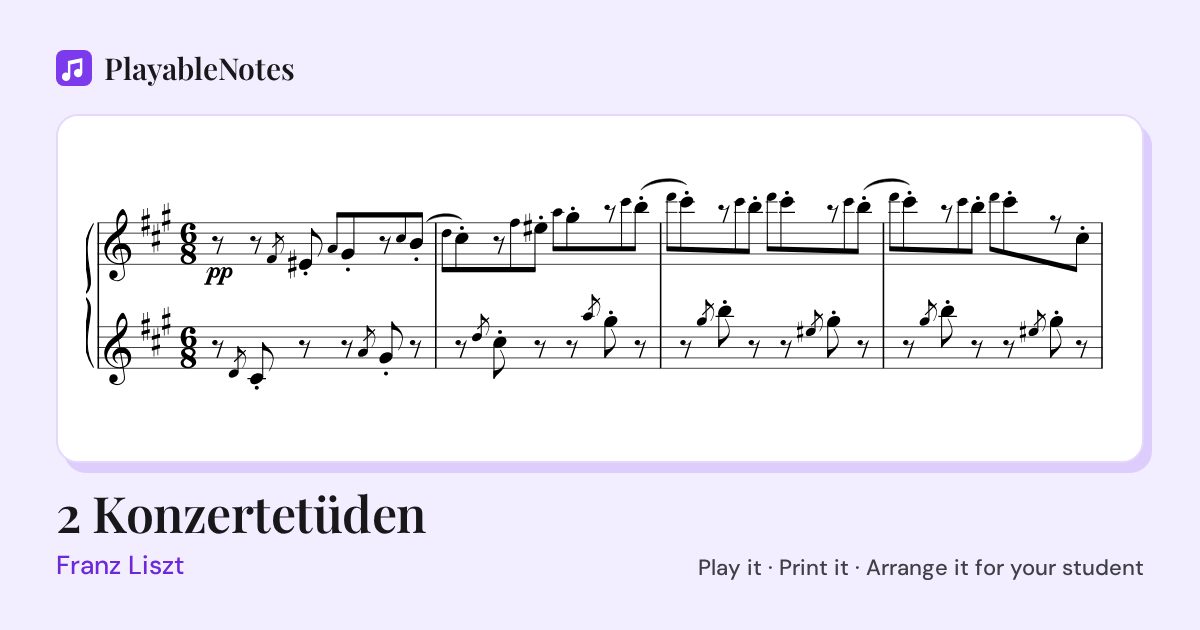 The first bars of 2 Konzertetüden by Franz Liszt, engraved.