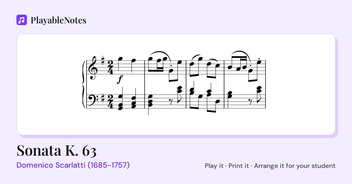 The first bars of Sonata K. 63 by Domenico Scarlatti (1685-1757), engraved.