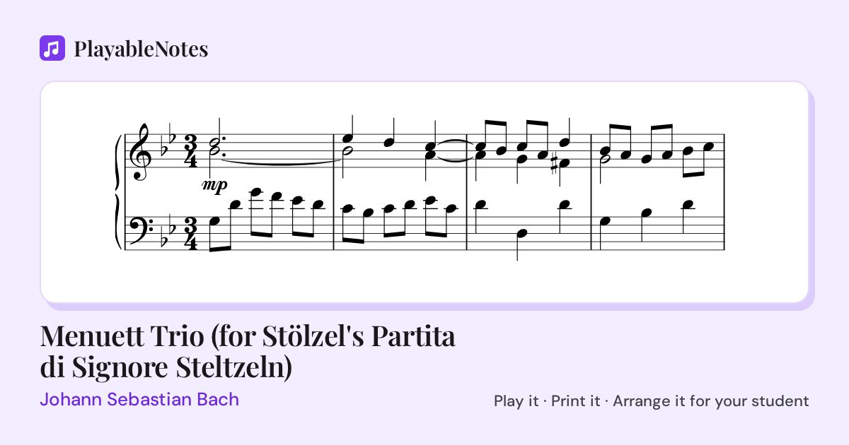 The first bars of Menuett Trio (for Stölzel's Partita di Signore Steltzeln) by Johann Sebastian Bach, engraved.