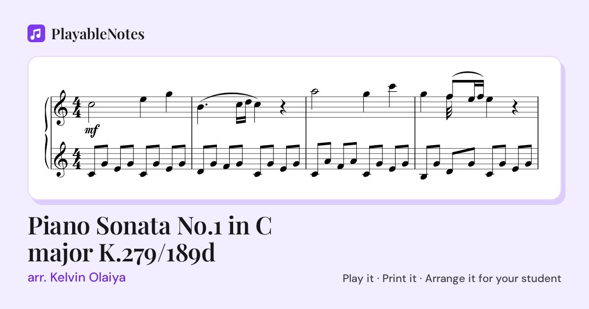 The first bars of Piano Sonata No.1 in C major K.279/189d by arr. Kelvin Olaiya, engraved.