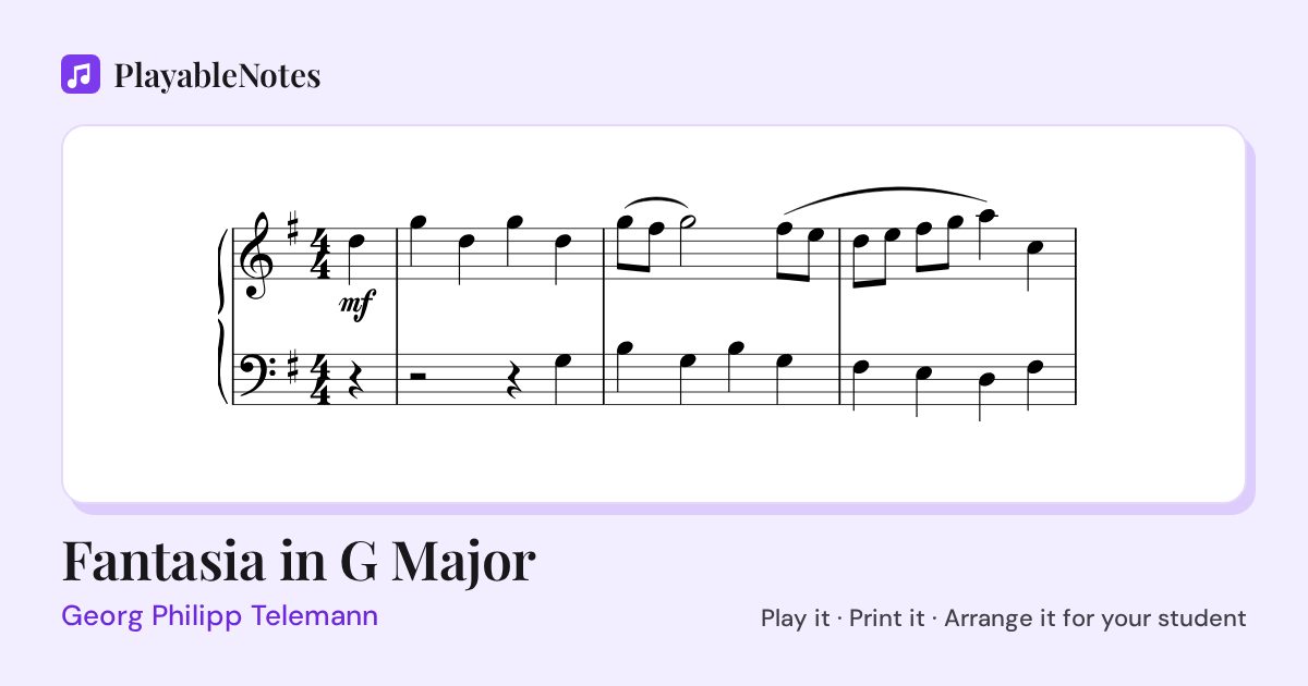 The first bars of Fantasia in G Major by Georg Philipp Telemann, engraved.
