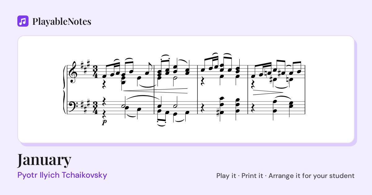 The first bars of January by Pyotr Ilyich Tchaikovsky, engraved.