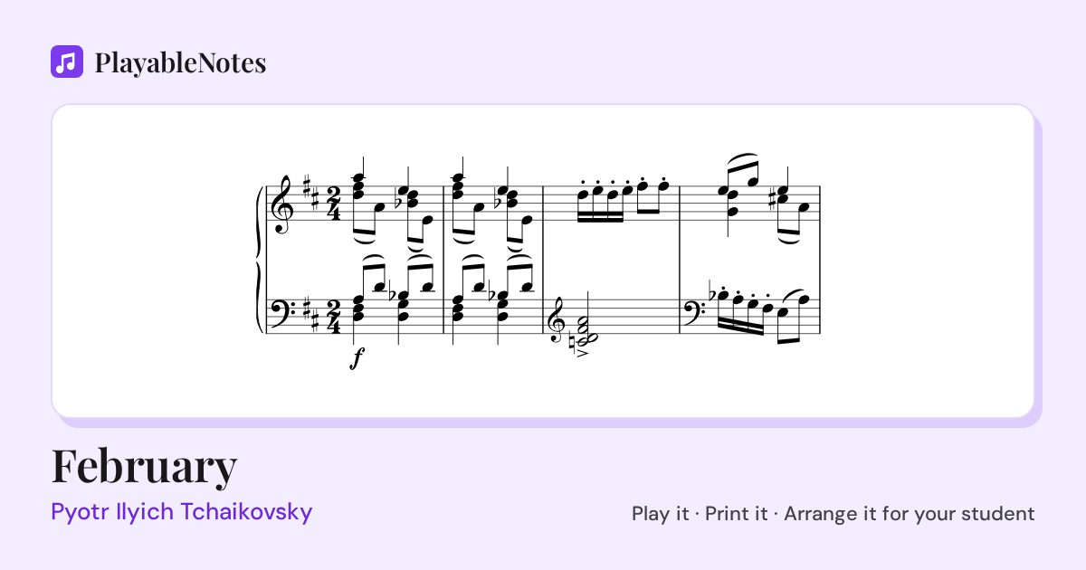 The first bars of February by Pyotr Ilyich Tchaikovsky, engraved.