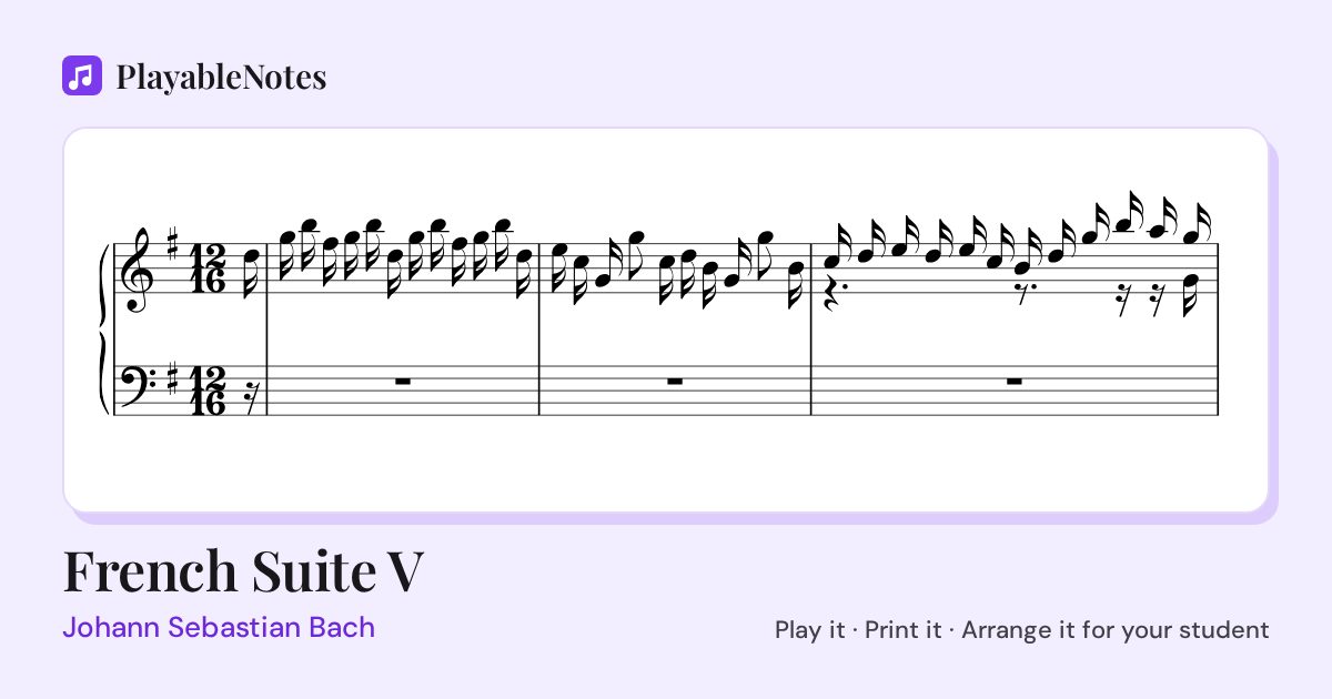 The first bars of French Suite V by Johann Sebastian Bach, engraved.