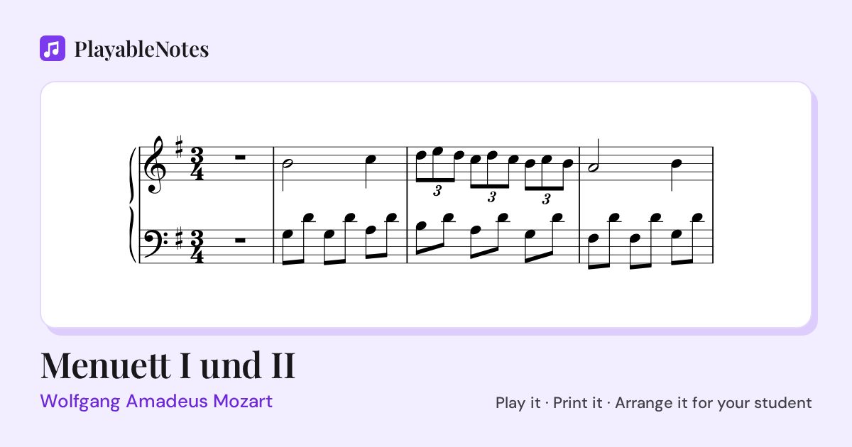 The first bars of Menuett I und II by Wolfgang Amadeus Mozart, engraved.
