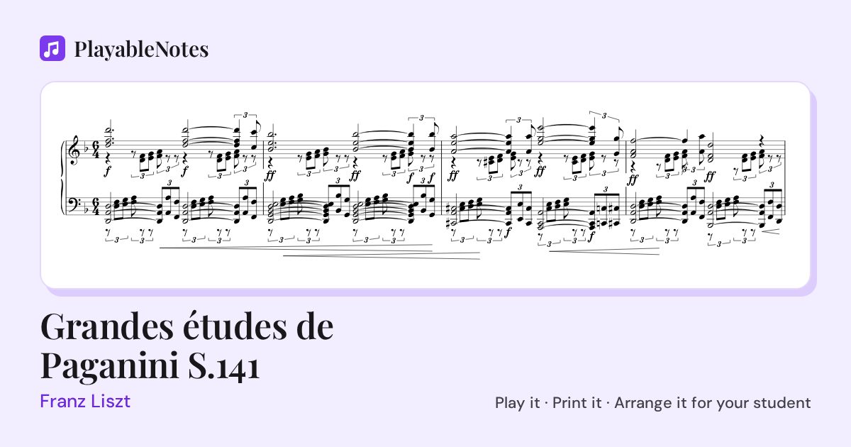 The first bars of Grandes études de Paganini S.141 by Franz Liszt, engraved.