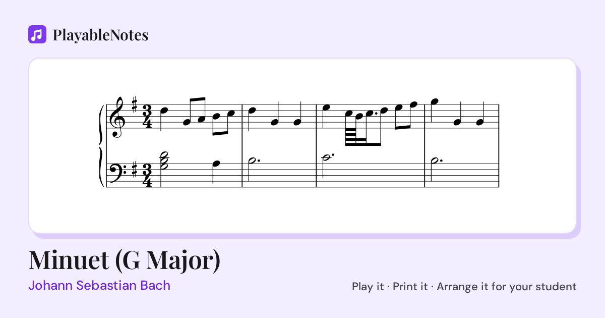 The first bars of Minuet (G Major) by Johann Sebastian Bach, engraved.
