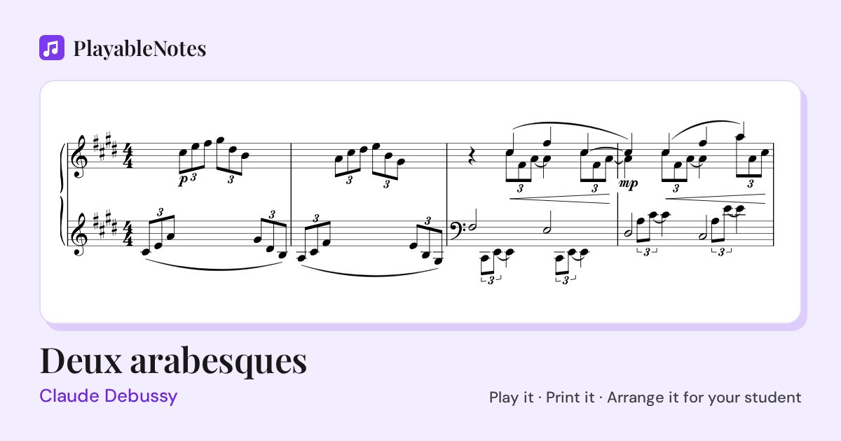 The first bars of Deux arabesques by Claude Debussy, engraved.