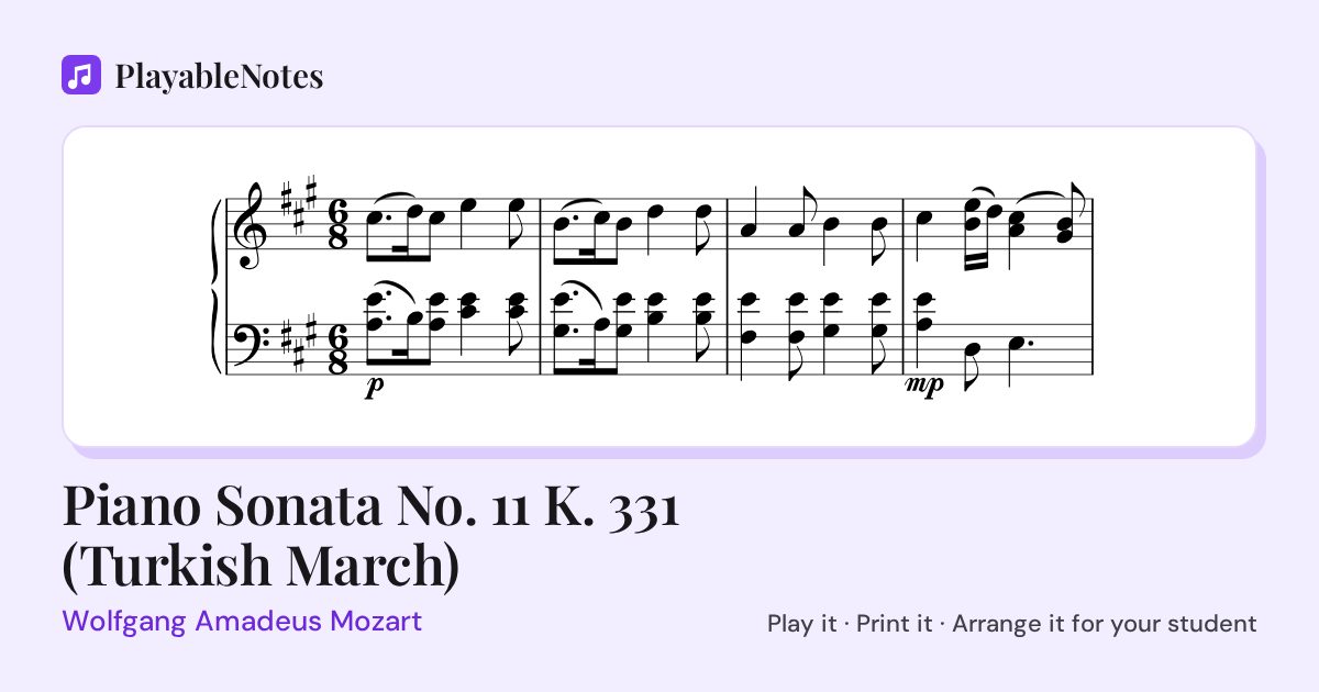 The first bars of Piano Sonata No. 11 K. 331 (Turkish March) by Wolfgang Amadeus Mozart, engraved.