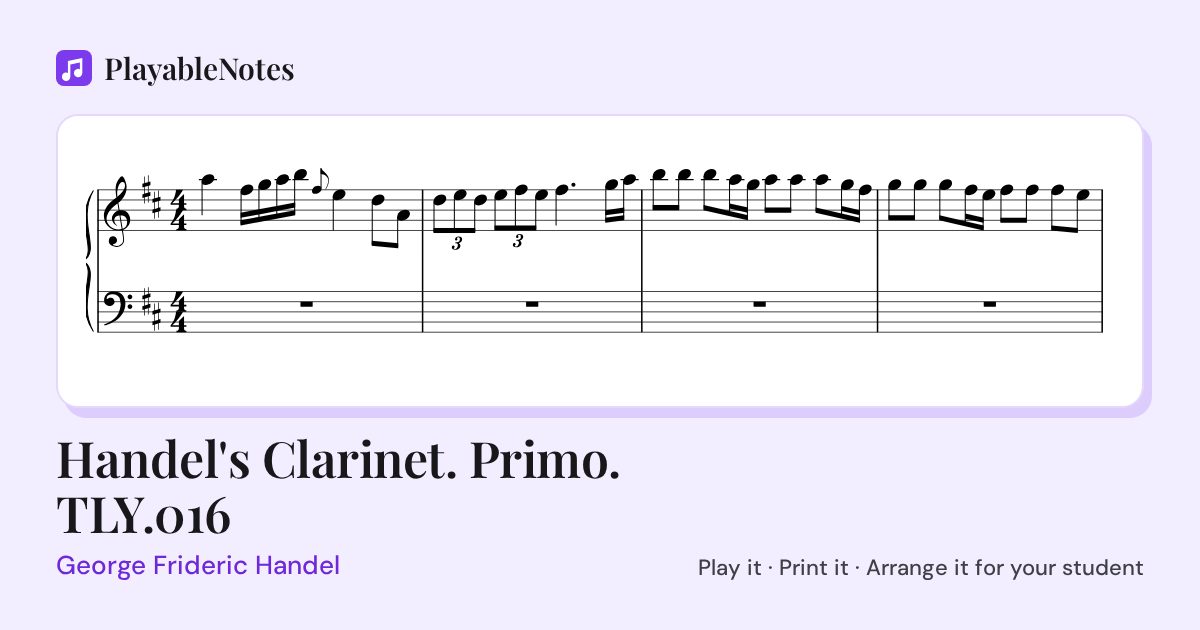 The first bars of Handel's Clarinet. Primo. TLY.016 by George Frideric Handel, engraved.