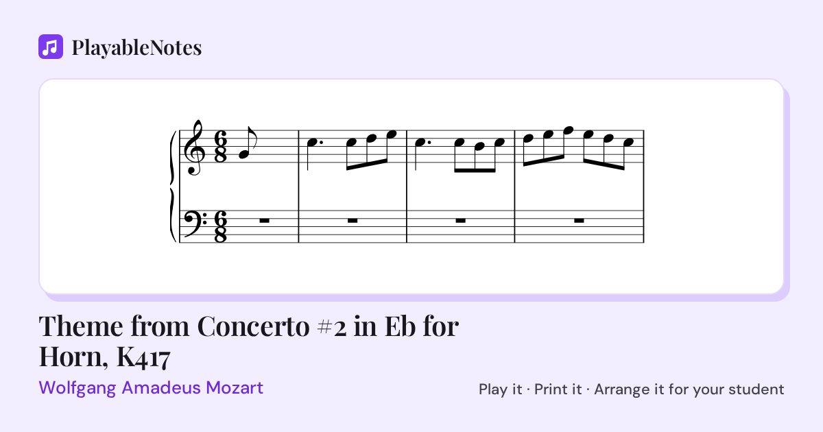 The first bars of Theme from Concerto #2 in Eb for Horn, K417 by Wolfgang Amadeus Mozart, engraved.