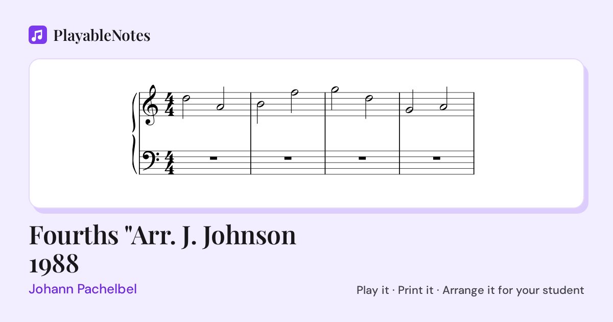The first bars of Fourths "Arr. J. Johnson 1988 by Johann Pachelbel, engraved.