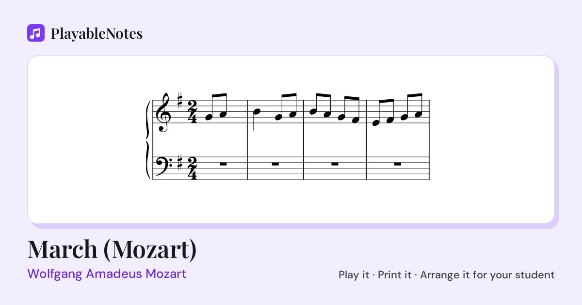 The first bars of March (Mozart) by Wolfgang Amadeus Mozart, engraved.