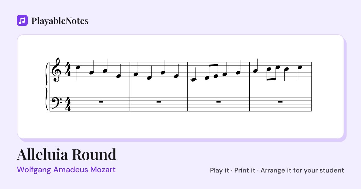 The first bars of Alleluia Round by Wolfgang Amadeus Mozart, engraved.