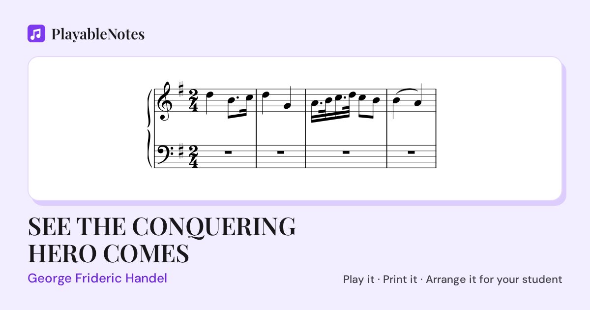 The first bars of SEE THE CONQUERING HERO COMES by George Frideric Handel, engraved.