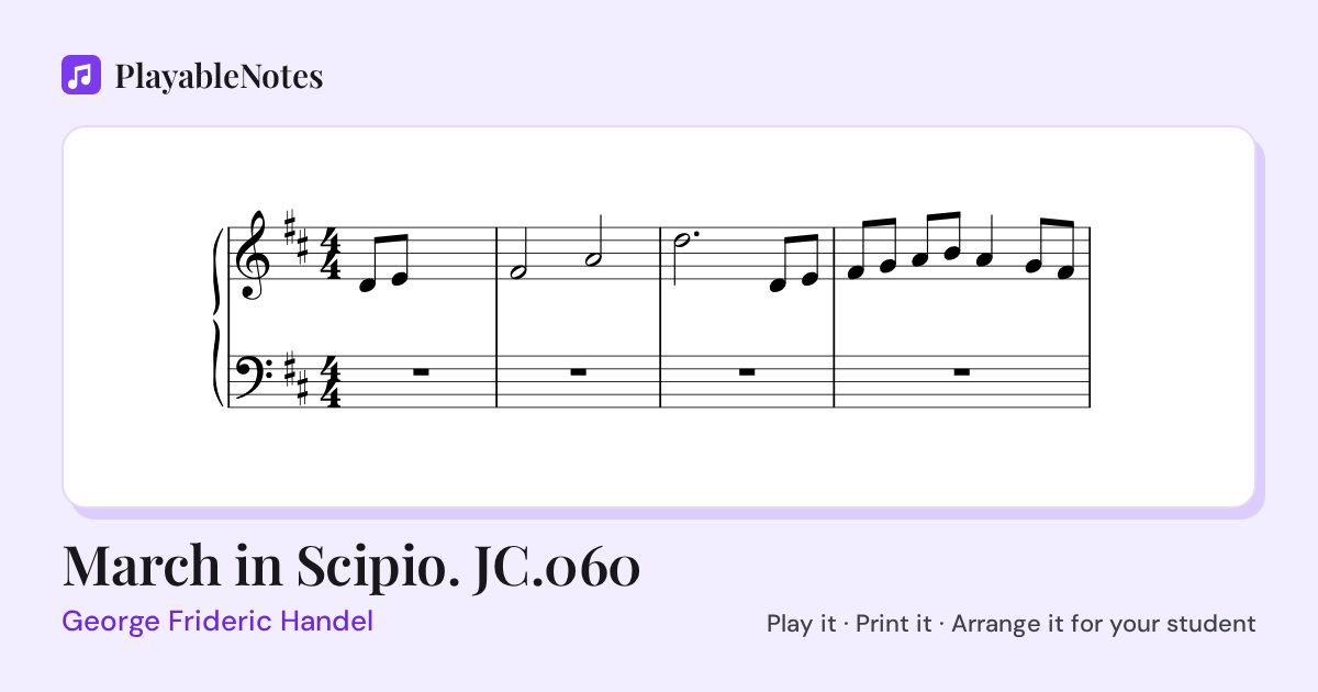 The first bars of March in Scipio. JC.060 by George Frideric Handel, engraved.