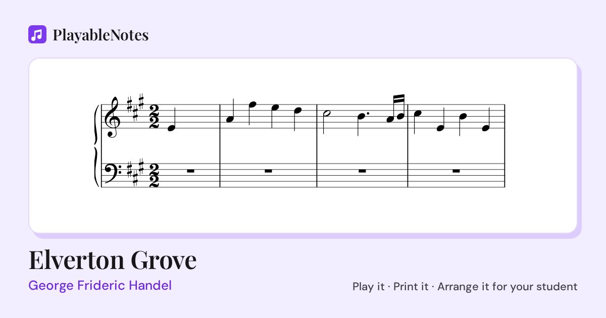 The first bars of Elverton Grove by George Frideric Handel, engraved.