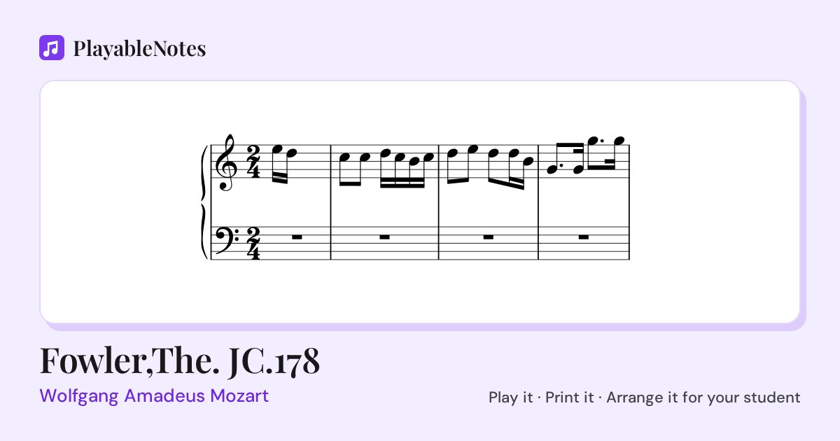 The first bars of Fowler,The. JC.178 by Wolfgang Amadeus Mozart, engraved.